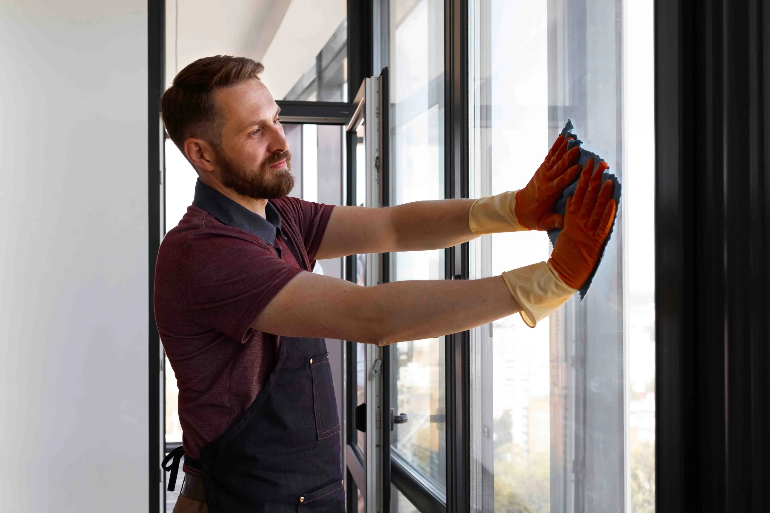 A man on high-rise building is busy in Post-Renovation window cleaning with safety harness in urban setting