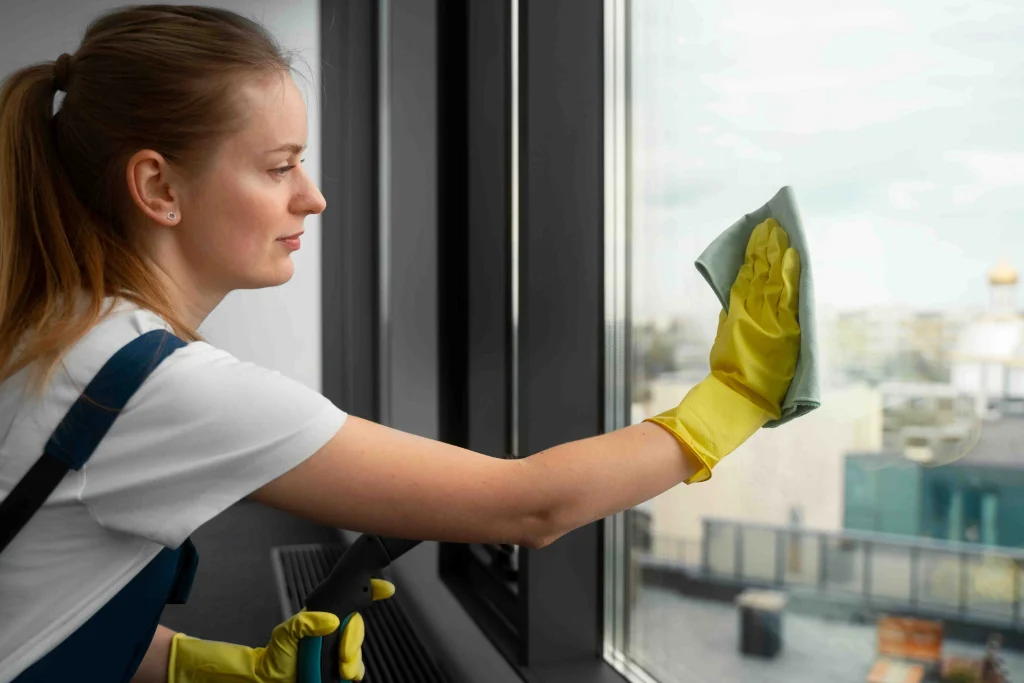 Woman cleaning window post renovation with spray bottle and cloth focused on wiping surface for a streak free shine in a modern interior.