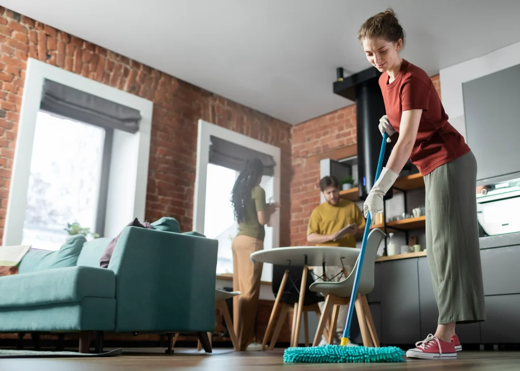 Cleaning of an apartment room ensures a fresh, organized, and hygienic living space