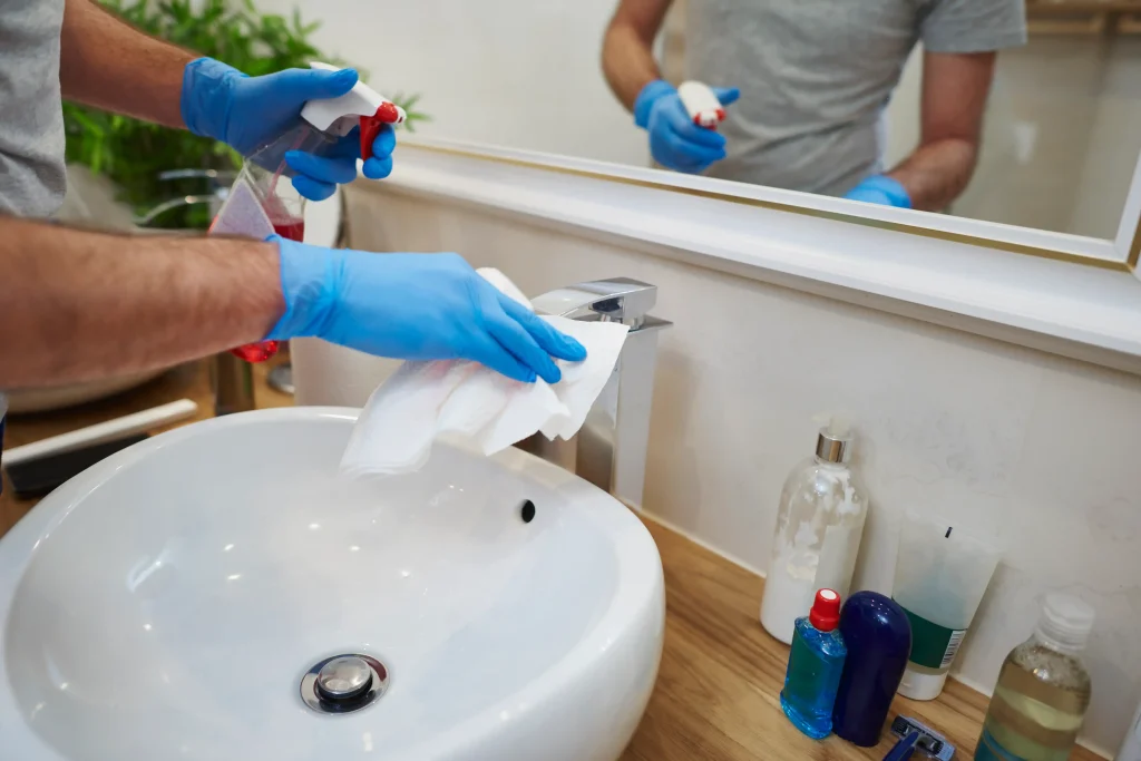 Cleaning bathroom sink during move-out cleaning process removing dirt and stains 