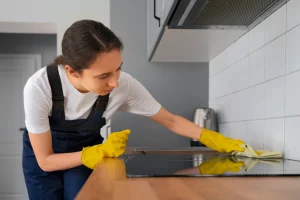 Woman cleaning kitchen after remodeling, wiping countertops and removing construction dust