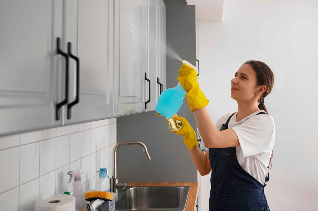A woman performing a thorough kitchen cleaning after move-in, using a spray bottle to sanitize surfaces