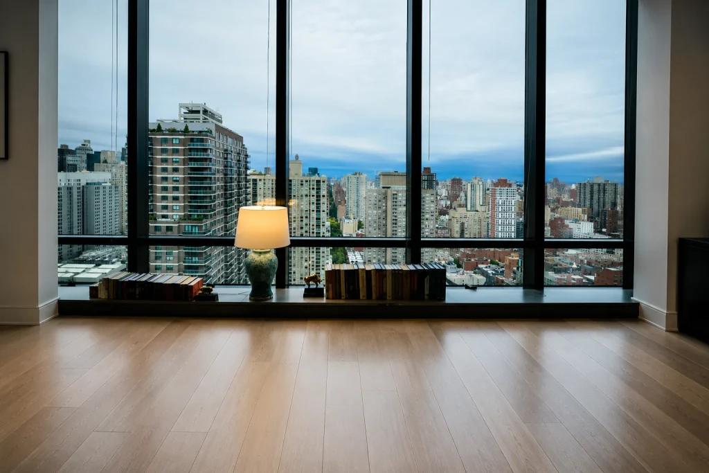 High-rise luxury condo with clean floors and skyline views for move in cleaning in luxury condos.