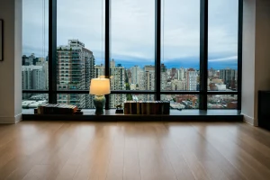 High-rise luxury condo with clean floors and skyline views for move in cleaning in luxury condos.