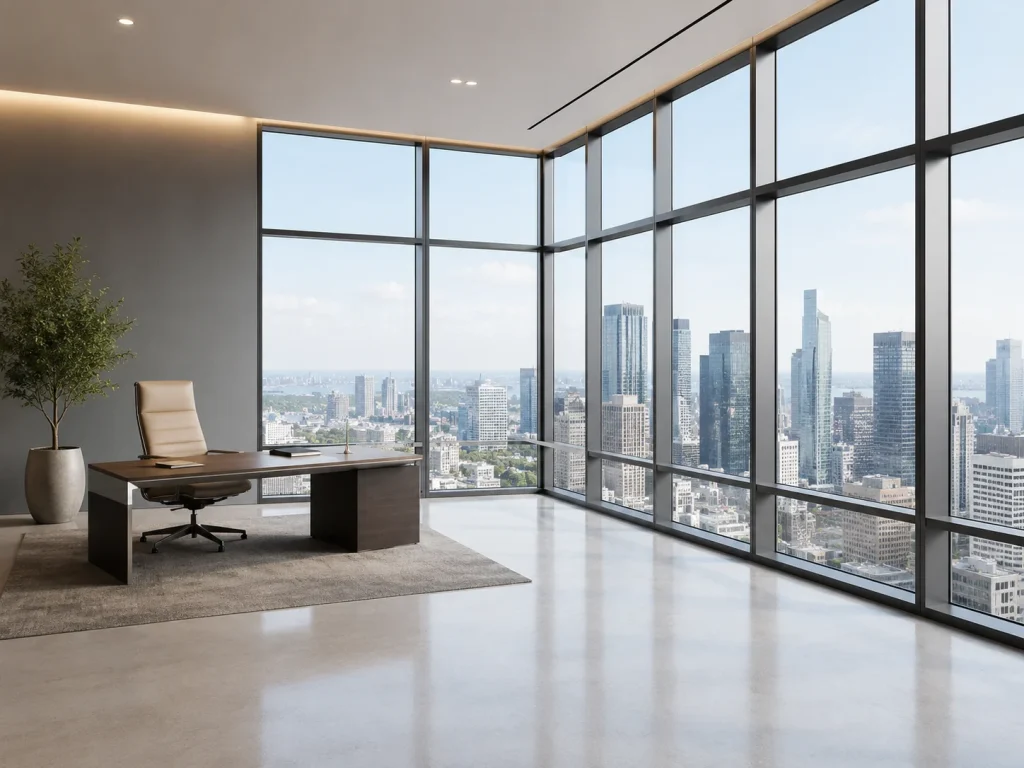 Luxury condo interior showing fresh floors and city views after move in cleaning.