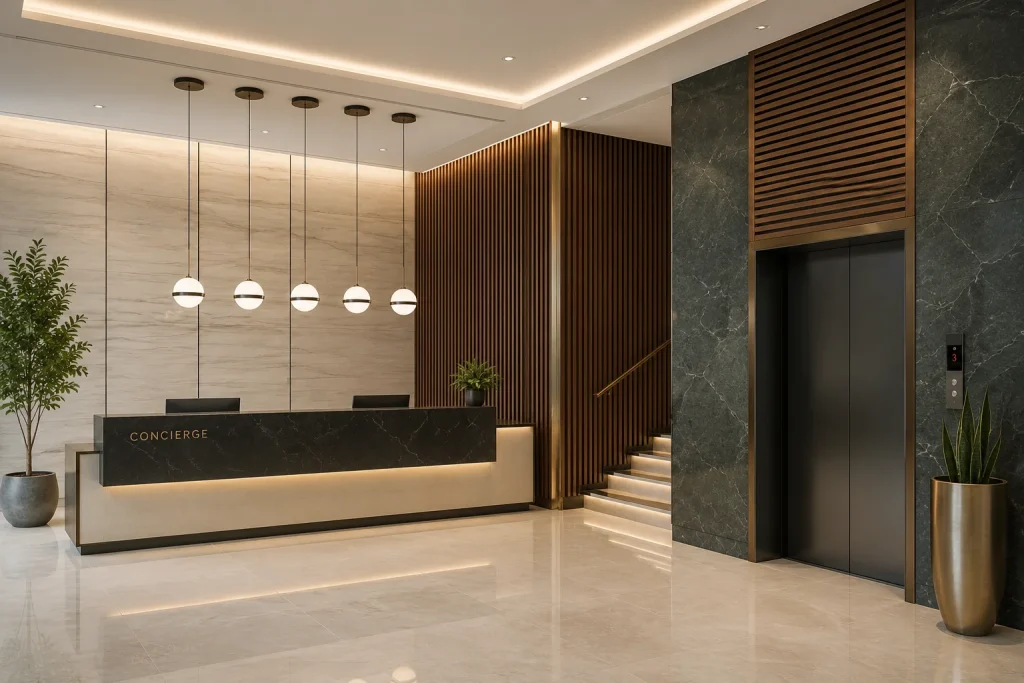 Luxury condo reception area showing a clean lobby space after move in cleaning