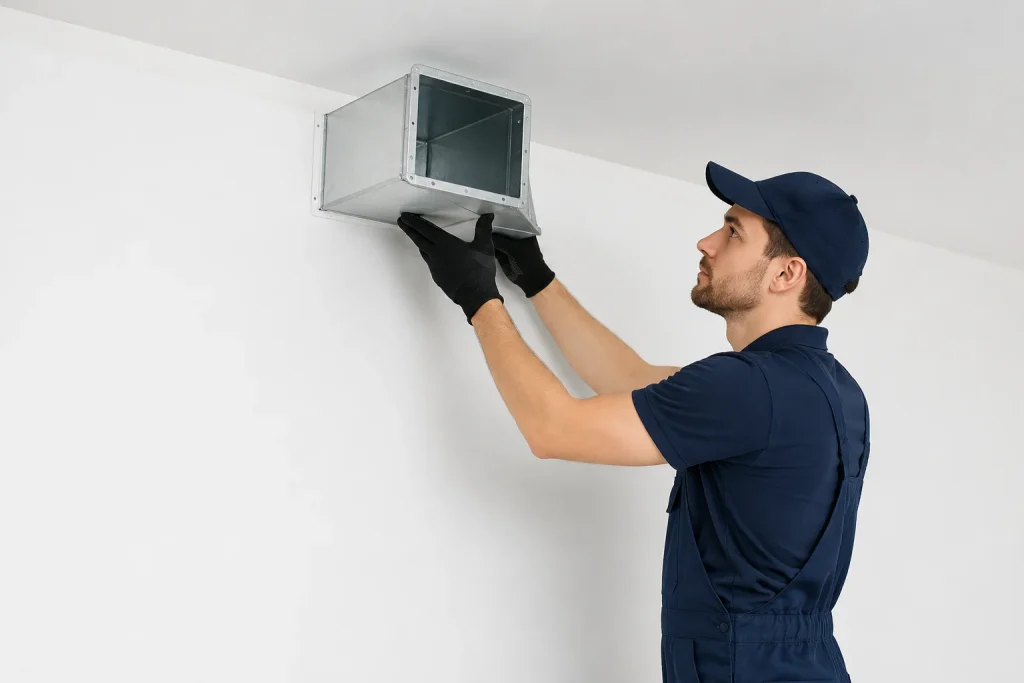Metal ductwork being installed by a technician for post-renovation duct cleaning services.
