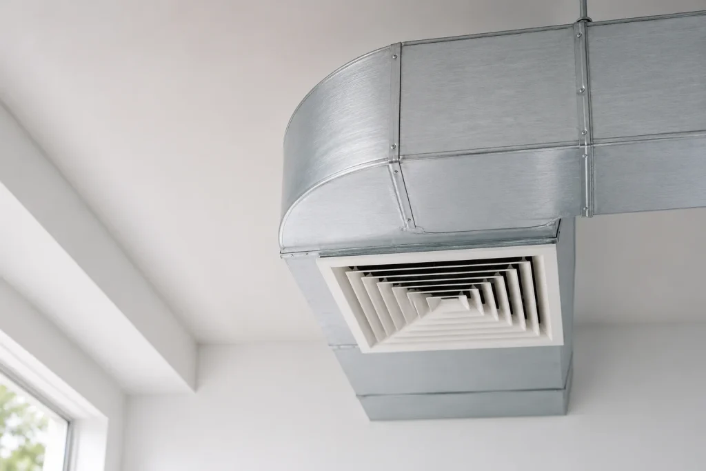 Clean ventilation duct and ceiling diffuser prepared for post-renovation duct cleaning.