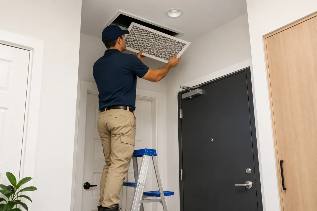 Technician standing on a ladder to clean an air vent for post-renovation duct cleaning.