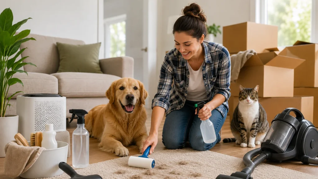 Woman cleaning visible pet fur from a rug with a dog and cat in the room during post-move cleaning for pet odor and fur.