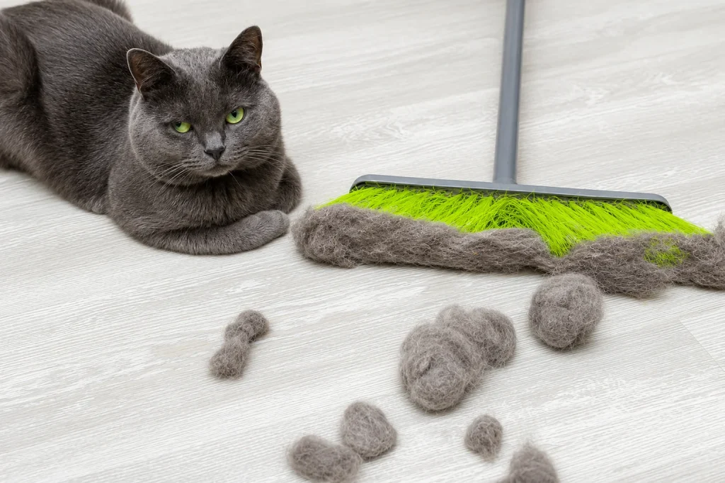 Gray cat watching a broom collect loose hair during post-move cleaning for pet odor and fur removal.