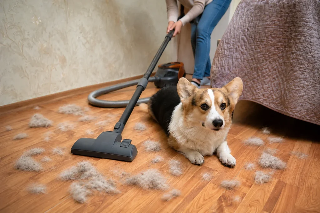 Corgi resting near loose pet hair and a vacuum cleaner after moving during post-move cleaning for pet odor and fur.