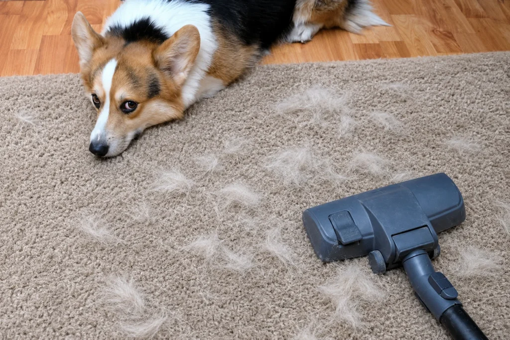 Vacuum cleaner and scattered dog hair on a carpet showing post-move cleaning for pet odor and fur after moving with pets.