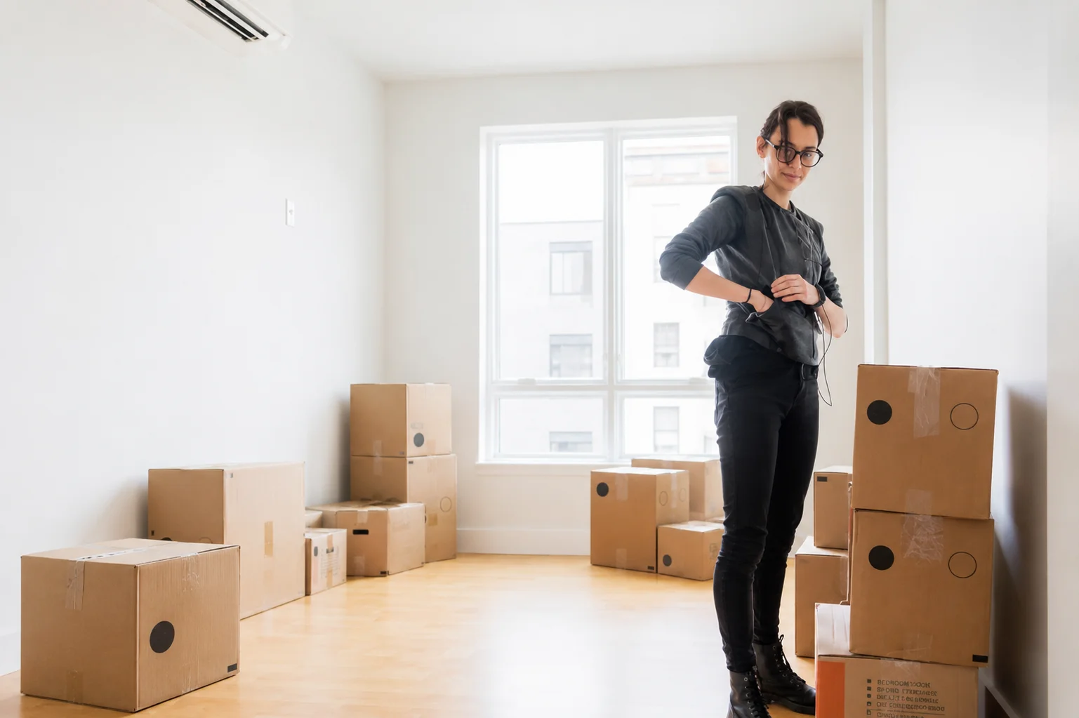 Woman standing in a bright empty apartment with cardboard boxes during move-out cleaning and packing.