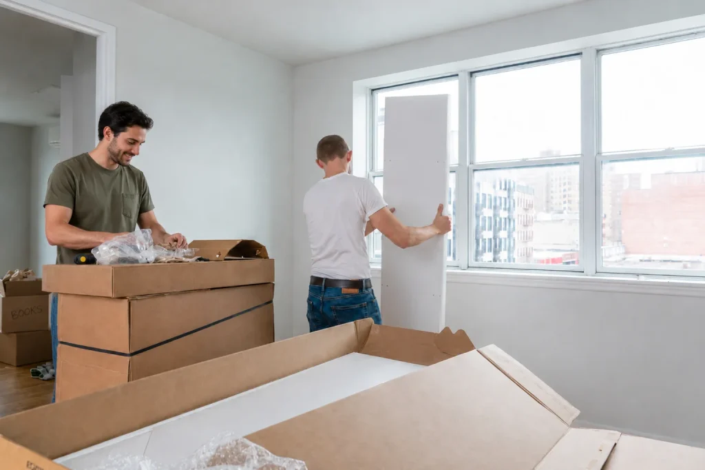 Two people unpacking boxes in a bright apartment during move-out cleaning with cardboard packaging near a large window.