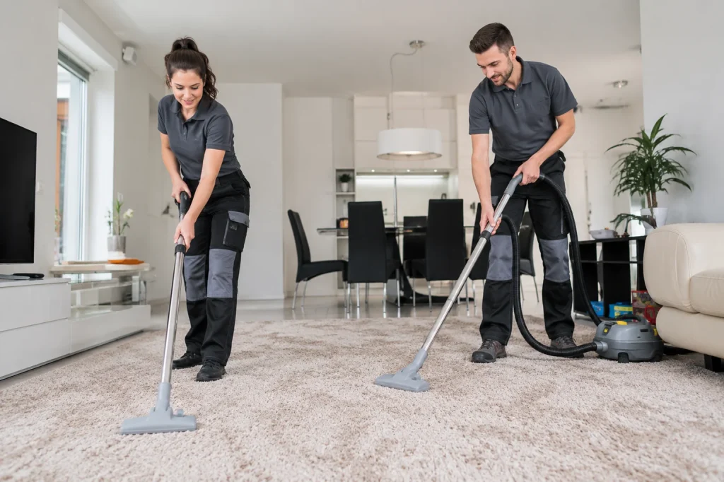 Alt text: Two cleaners vacuuming a large carpet in a bright room during office carpet cleaning service.