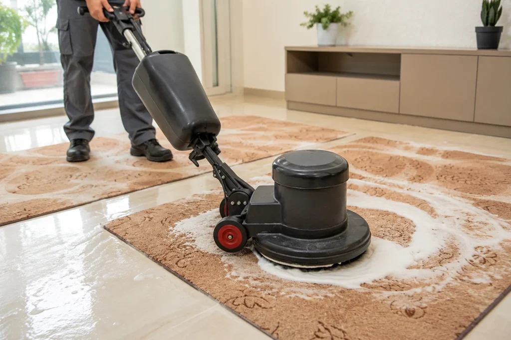 Office carpet cleaning process with a black floor machine washing a patterned carpet.