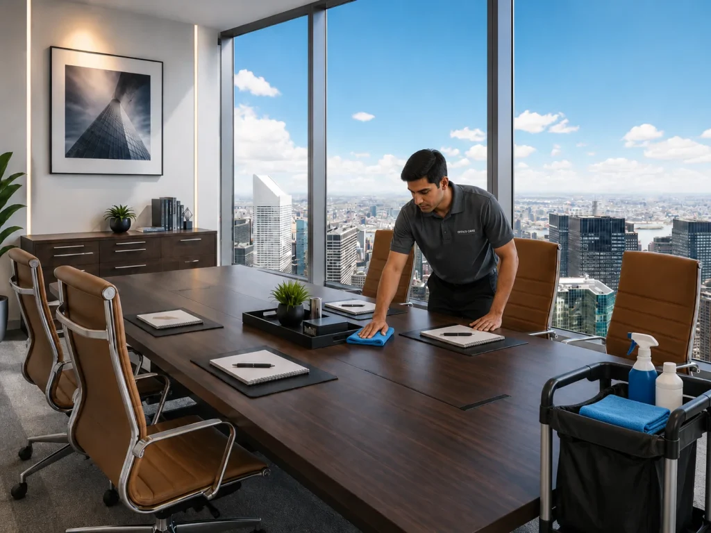 Office Cleaning Manhattan cleaner wiping a large office table in a bright workspace with city-view windows.