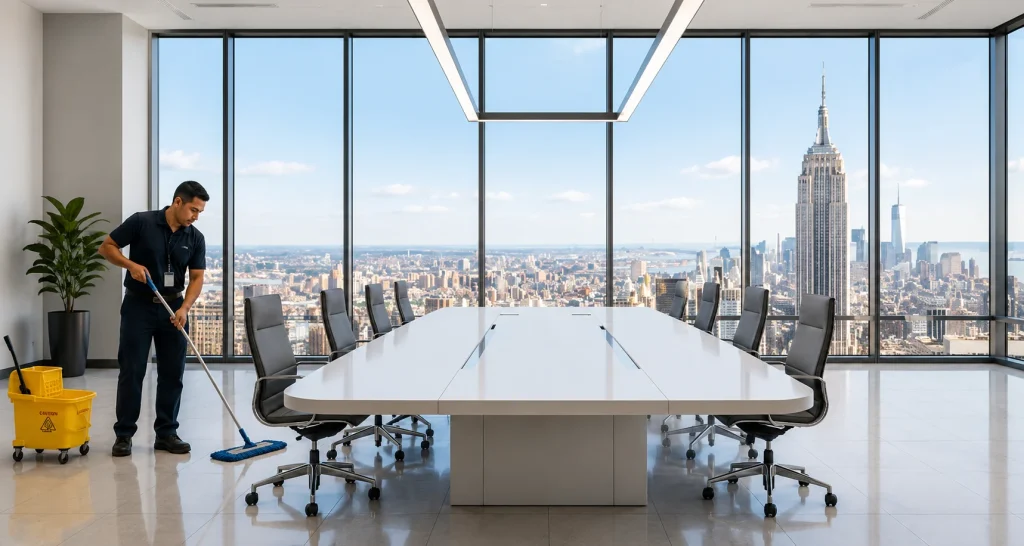 Office Cleaning worker mopping a corporate meeting room with a large table and skyline windows.