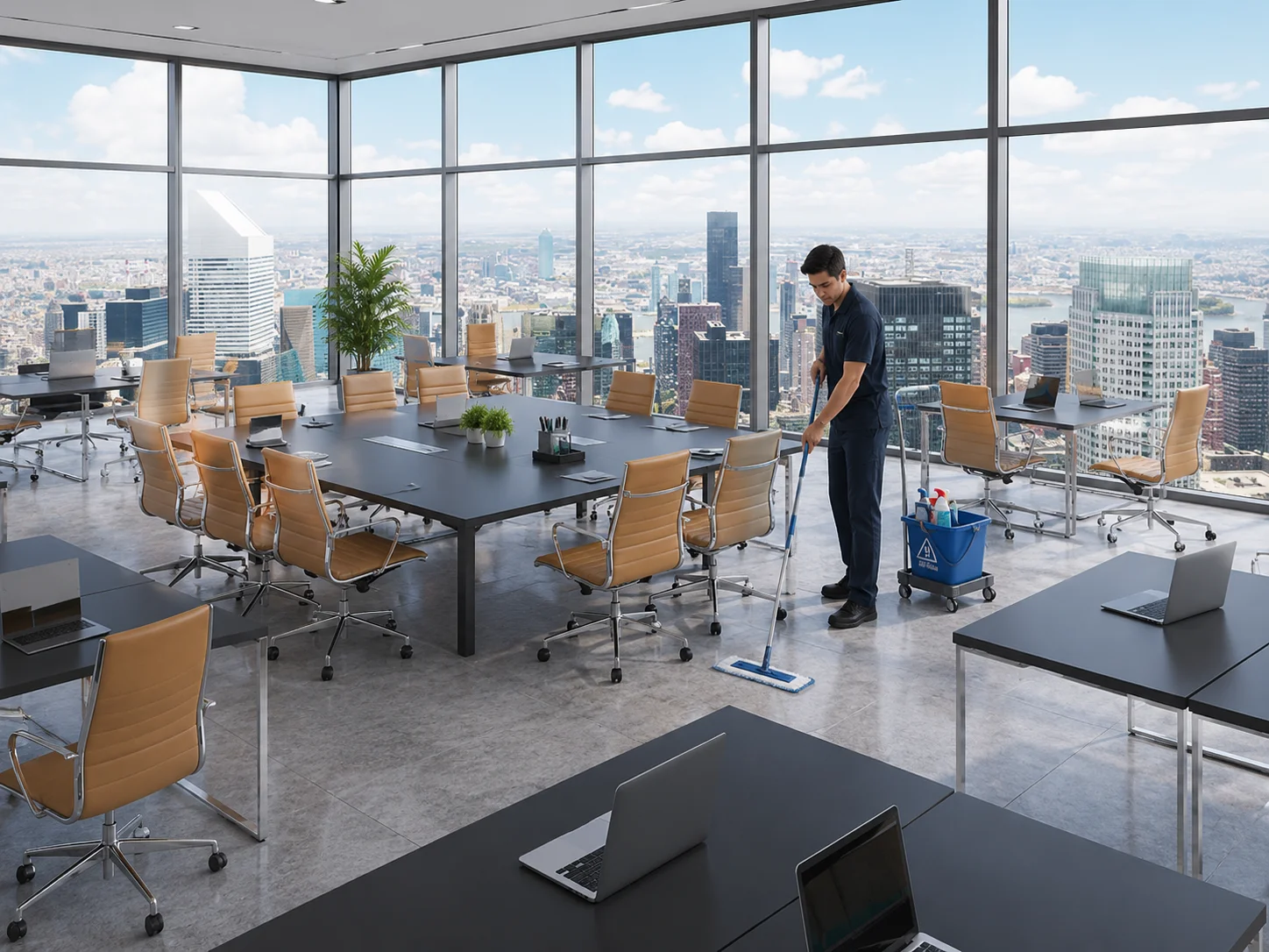 Office Cleaning service worker mopping the floor in a modern office with desks, chairs, laptops, and large city-view windows.