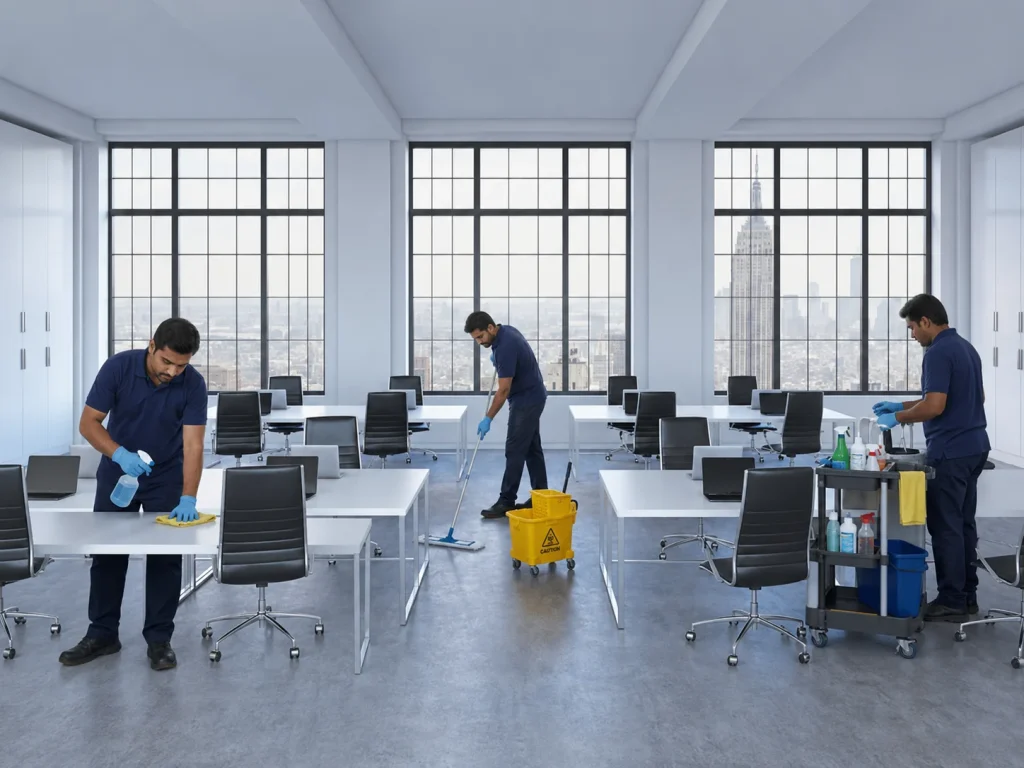 Office Cleaning team members sanitizing desks, mopping floors, and organizing supplies in a bright modern office workspace.