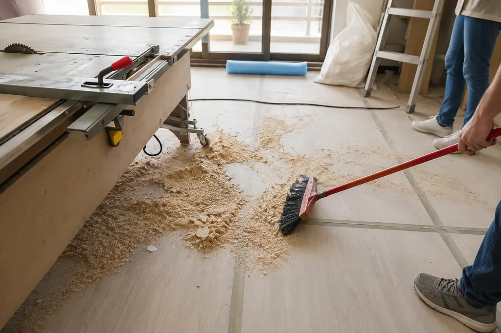 Worker sweeping sawdust and debris during post-construction cleaning in a renovation workspace