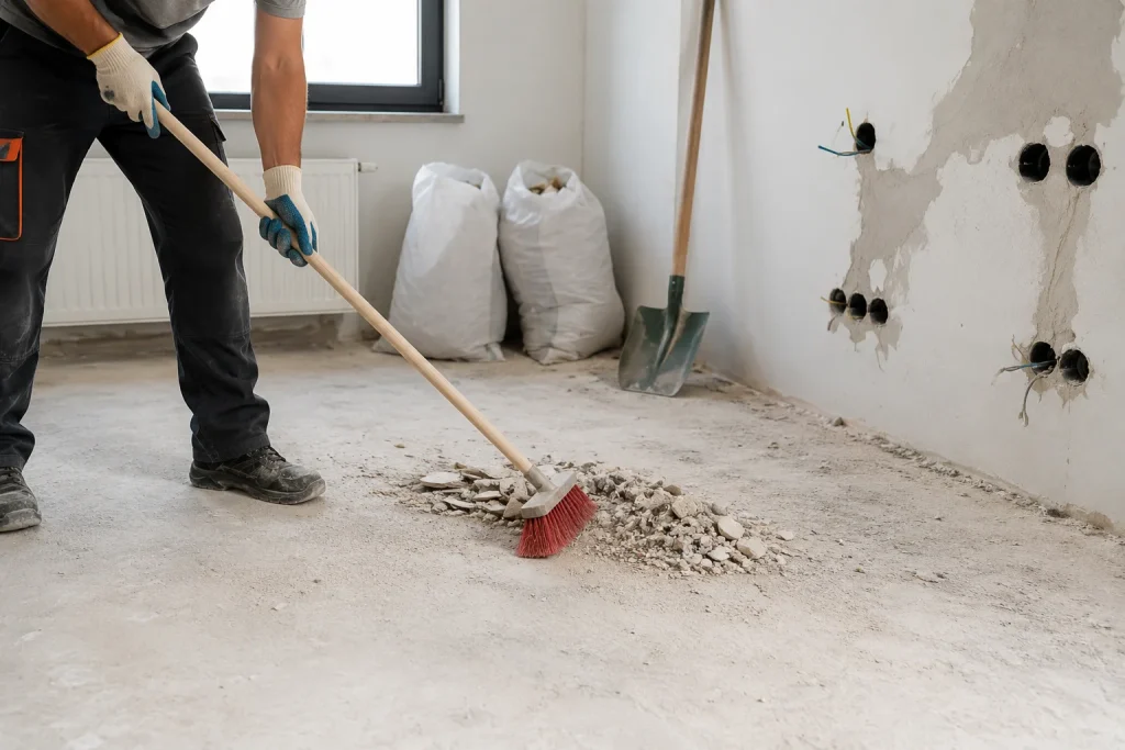 Worker sweeping construction debris during post-construction cleaning to remove dust and rubble from a newly renovated interior space.