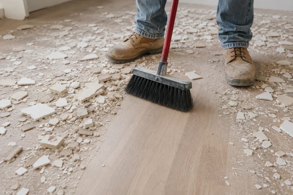 Post-construction cleanup removing dust and plaster debris from a renovated interior floor.