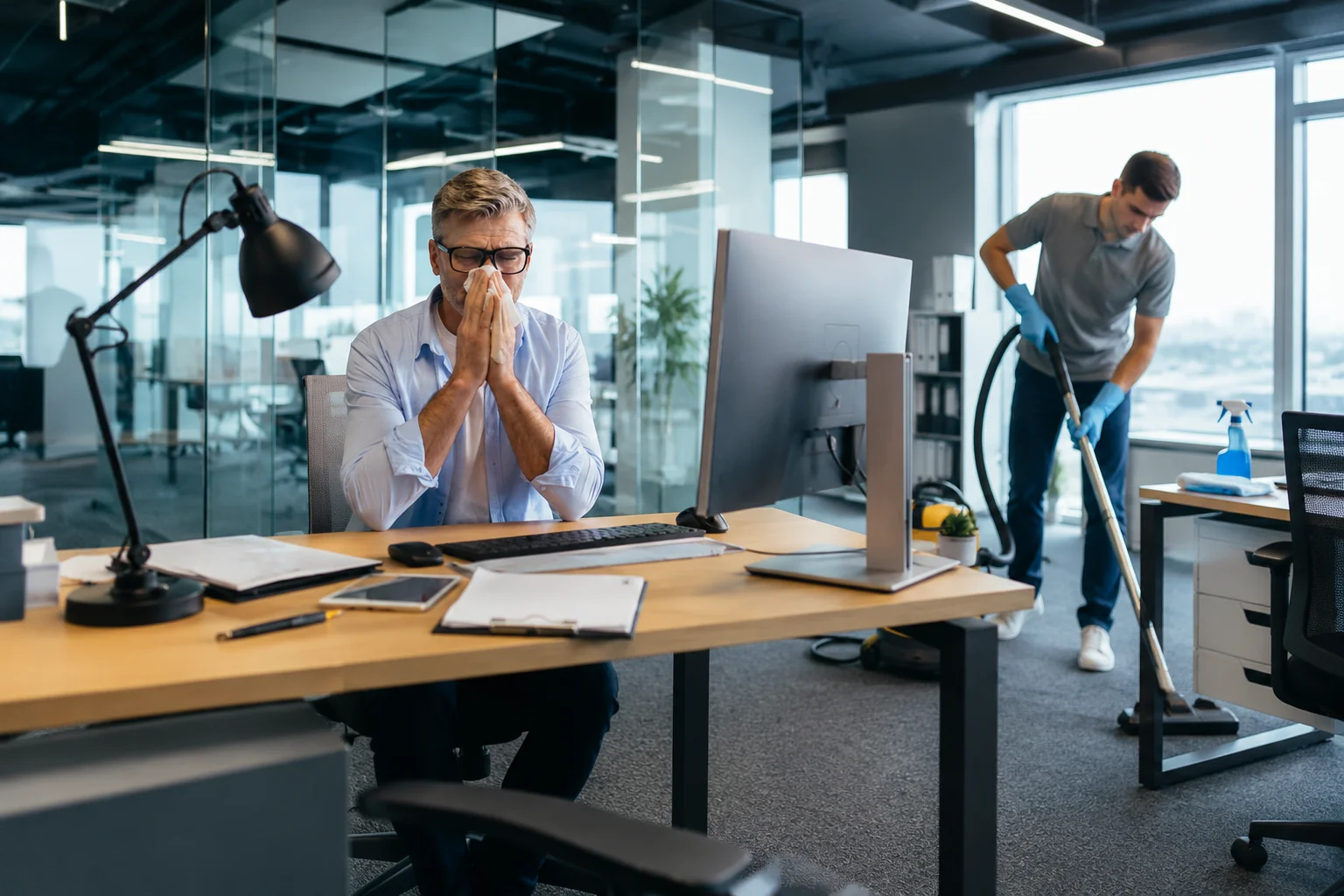 Employee feeling unwell at work while professional office cleaning in flu season helps maintain a healthier workspace.