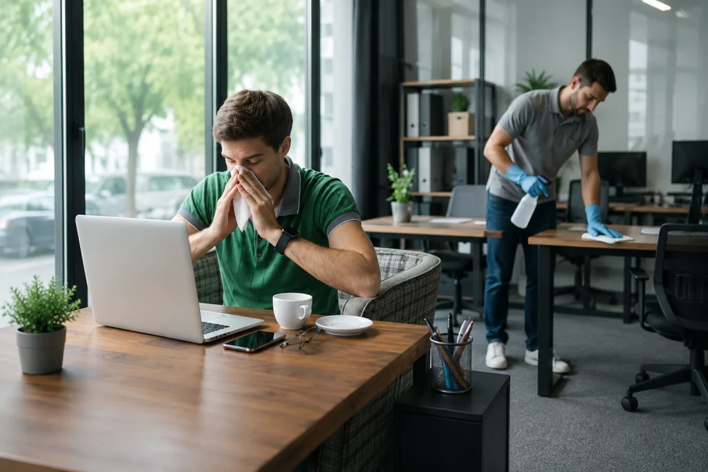 Sick employee at work while professional office cleaning in flu season keeps desks and surfaces cleaner.
