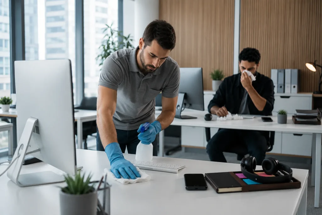Workplace hygiene improved through professional office cleaning in flu season and regular surface disinfection.