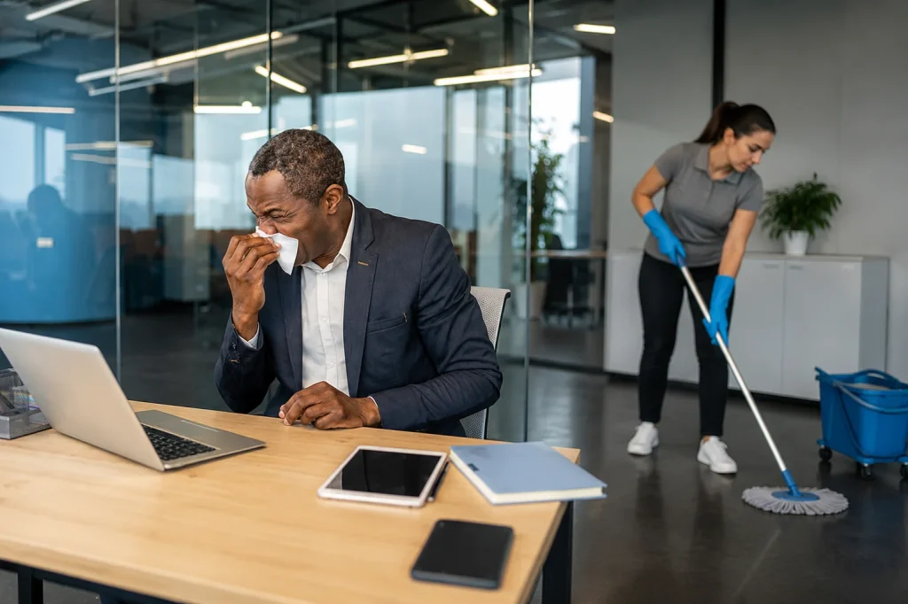 Workplace hygiene enhanced through professional office cleaning in flu season and regular floor cleaning.