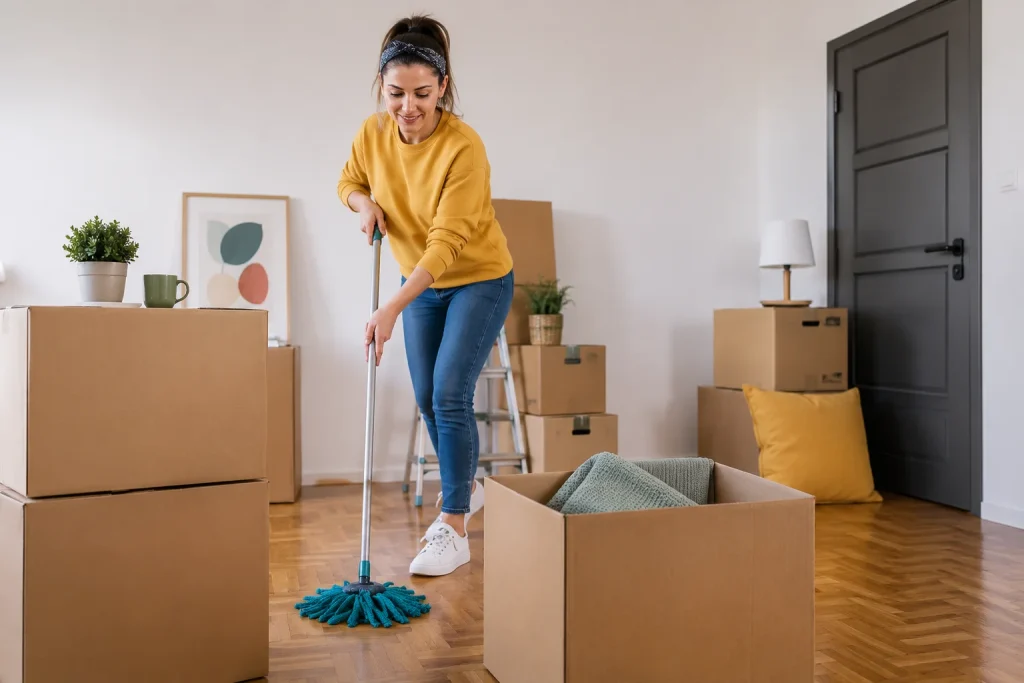 Woman performing move-out cleaning by mopping a hardwood floor in an empty apartment surrounded by packed moving boxes.