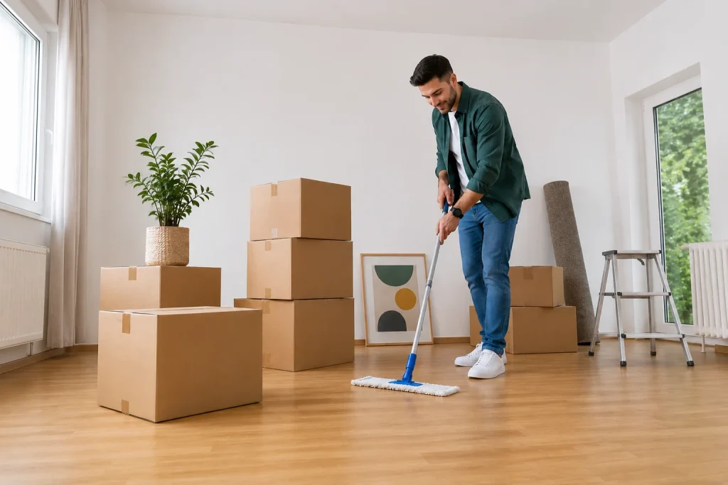 Move-out cleaning scene with a person mopping floors in a bright empty apartment.