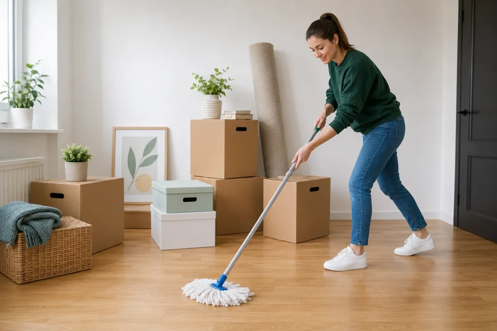 Residential move-out cleaning with a woman cleaning floors before moving out.