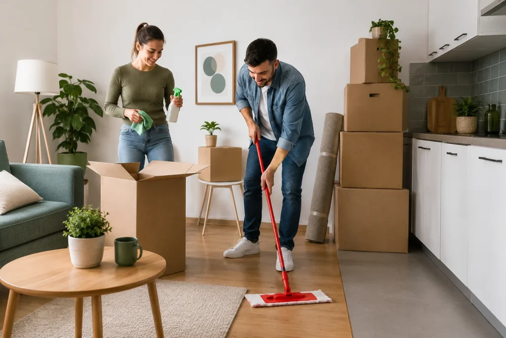 Move-out cleaning service with a couple mopping and organizing their home.